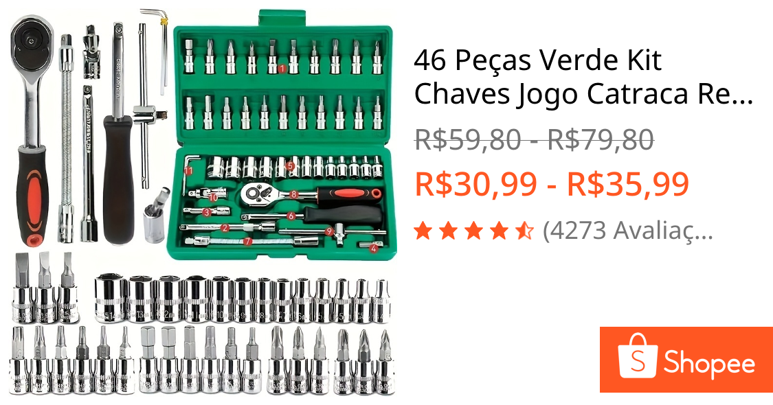 46 Peças Verde Kit Chaves Jogo Catraca Reversível Soquetes Maleta Promoção