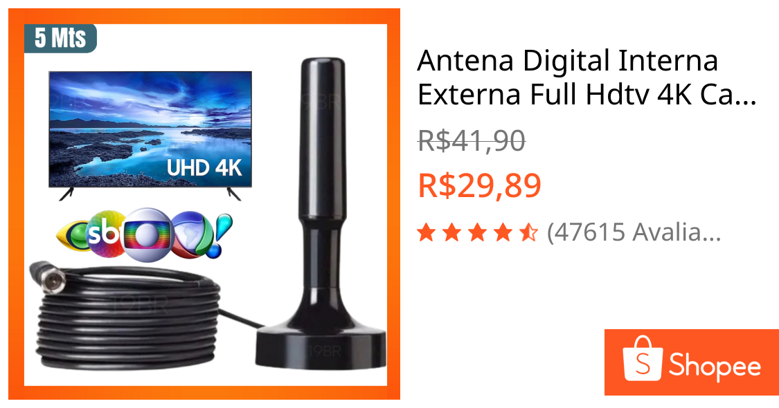 Antena Digital Interna Externa Full Hdtv 4K Cabo Grande