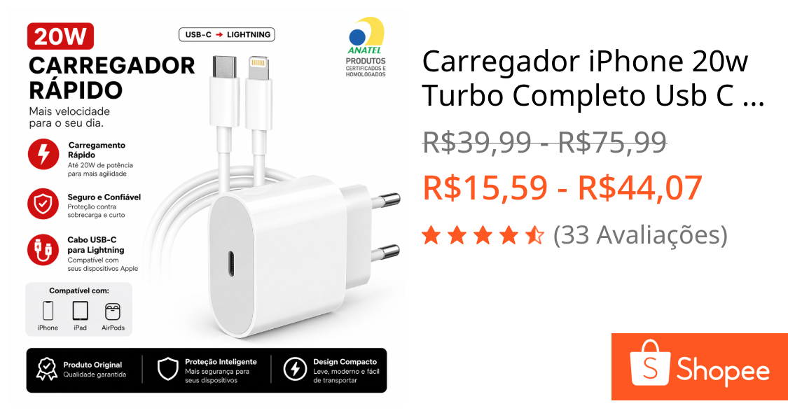 Carregador iPhone 20w Turbo Completo Usb C Lightning Compatível Xr 11 12 13 14 Pro Max