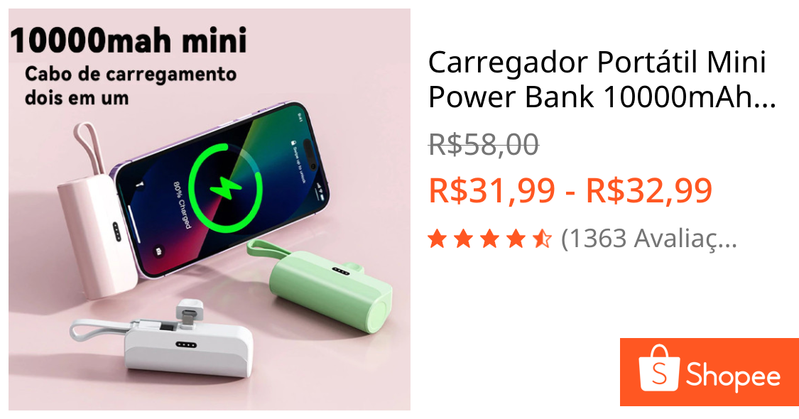 Carregador Portátil Mini Power Bank 10000mAh Com 02 Saídas Tipo-C / Lightning | Shopee Brasil