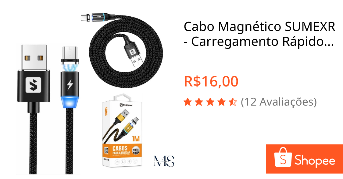Cabo Magnético SUMEXR - Carregamento Rápido, Nylon Resistente, Proteção para Bateria
