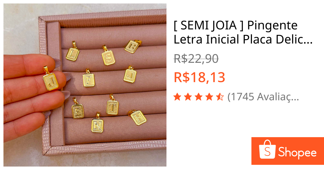 [ SEMI JOIA ] Pingente Letra Inicial Placa Delicada Banhado em Ouro 18k Alto Padrão Acessórios Femininos