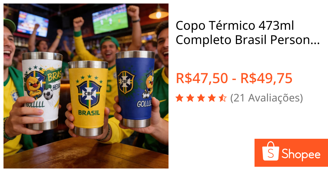Copo Térmico 473ml Completo Brasil Personalizado Edição Torcedor Copa do Mundo Celebridade