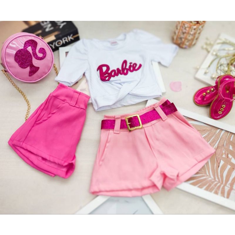 Conjunto Infantil Verão Barbie Girl Blusa Baby Look e Short Jeans Roupa da  Barbie Pink Menina 5790 - Brink Kids - Conjunto Infantil - Magazine Luiza