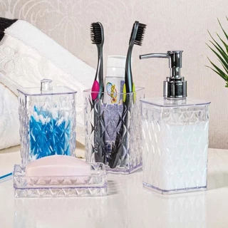 Kit Banheiro Lavabo 4 Peças Porta Escova, Sabonete líquido, algodão e Saboneteira Glamour Plasútil