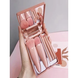Mini Espelho De Maquiagem Portátil Com 5 Pcs Pincéis De Maquiagem Lupa Mão Segurar Bolso Dobrável Maquiagem