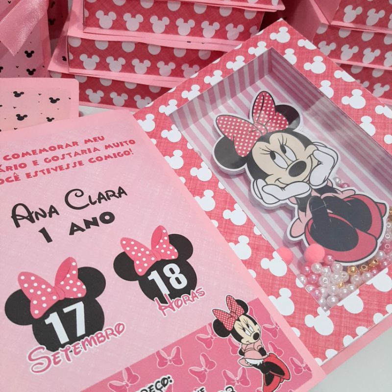 Convite Minnie Rosa Luxo com visor
