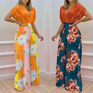 Conjuntos Femininos De Verão Casual Duas Peças Moda Sólida Gola V Manga De Morcego E Estampa Calça De Perna Larga De Calças Longas Femininas