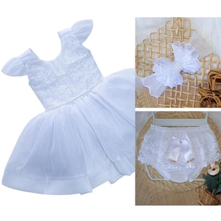 kit vestido tutu branco bebe infantil c/ faixa de cabelo mais calcinha cobre fralda para batizado daminha reveillon