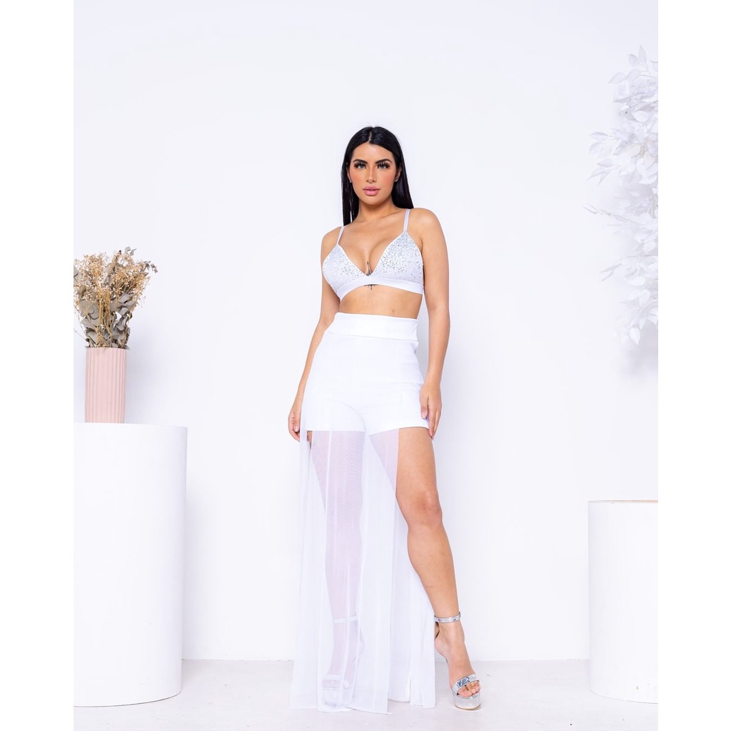 Saia Feminina Tule Longa Com Shortinho Moda Feminina Preta Branca