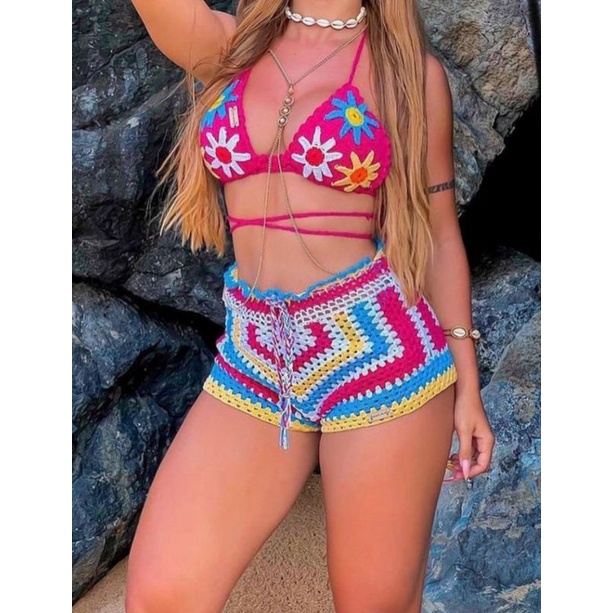 conjunto de croche top e short de croche colorido G