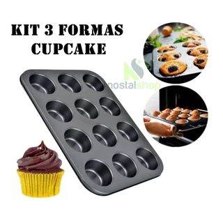 KIT 3 FORMA CUPCAKE ASSADEIRA ANTIADERENTE 12 CAVIDADES FORMA DE BOLO UTENSÍLIOS DE COZINHA