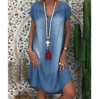 Lady Summer Casual Manga Curta Solta Midi Mulher Jeans Festa Túnica Vestido V Pescoço Plus Size 8xl