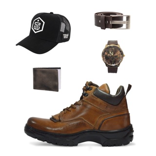 Kit Bota Country Coturno Sola Antiderrapante 4400 Caramelo + Cinto Carteira Relogio e Bone