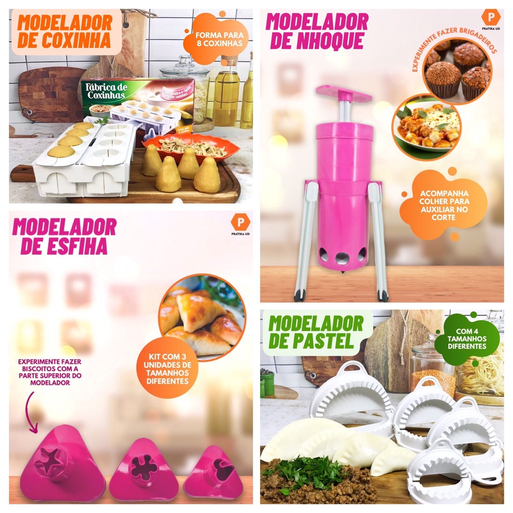 Kit Completo Fábrica de Coxinha Forma + Forma Modelador de Pastel 4 Tamanhos + Modelador de Esfiha 3 Tamanhos + Modelador de Nhoque e Brigadeiro
