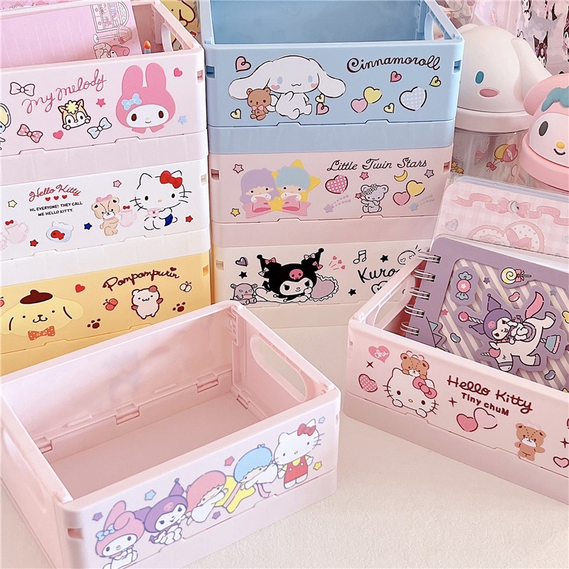 Sanrio Cute Mini Caixa De Armazenamento Dobrável Plástico Cesta Plástica Organizador De Papelaria Cosmética Escritório Suprimentos Domésticos