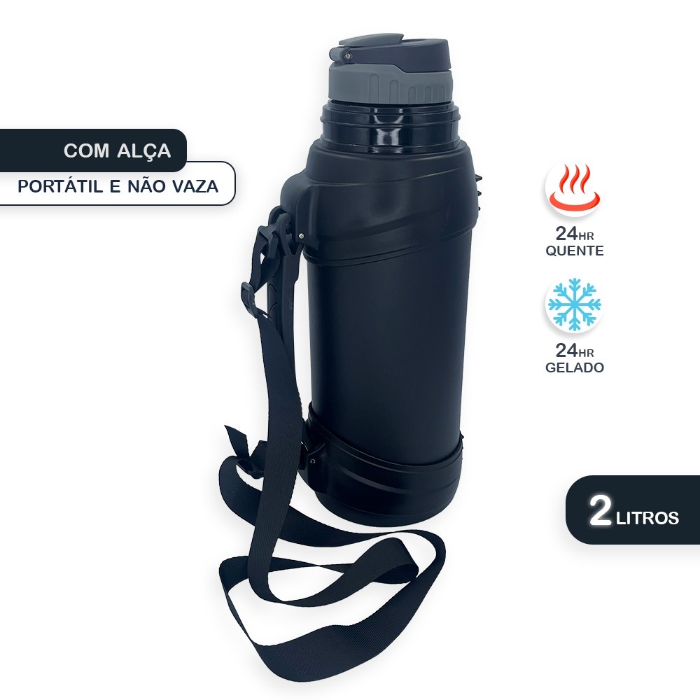 Garrafa Térmica 2 Litros Grande Camping Conserva 24 horas - Preto ...