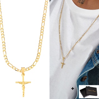 Cordão Corrente Masculina 3x1 E Pingente De Cruz com imagem de jesus cristo Banhado A Ouro 18k