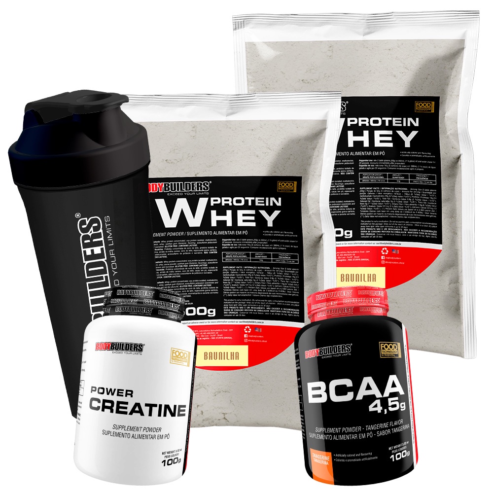 Kit 2x Whey Protein Concentrado em Blend Proteico 500g + BCAA 4,5 100g + Power Creatina 100g + Coqueteleira – Apoia o Desenvolvimento Muscular – Bodybuilders