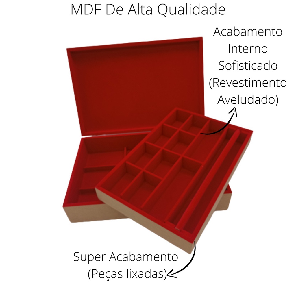 Caixa Flocada Porta Jóias/Bijuterias Com Aneleiro e 19 Divisórias 30x20x7 - MDF Madeira