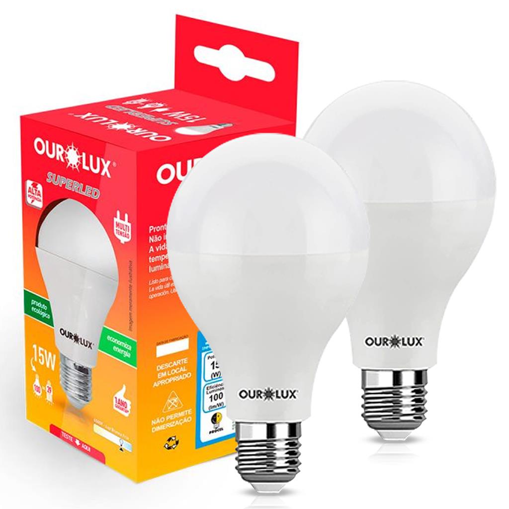 Kit 2 Lampadas Led Alta Potencia A60 15w Bivolt E27 6500K
