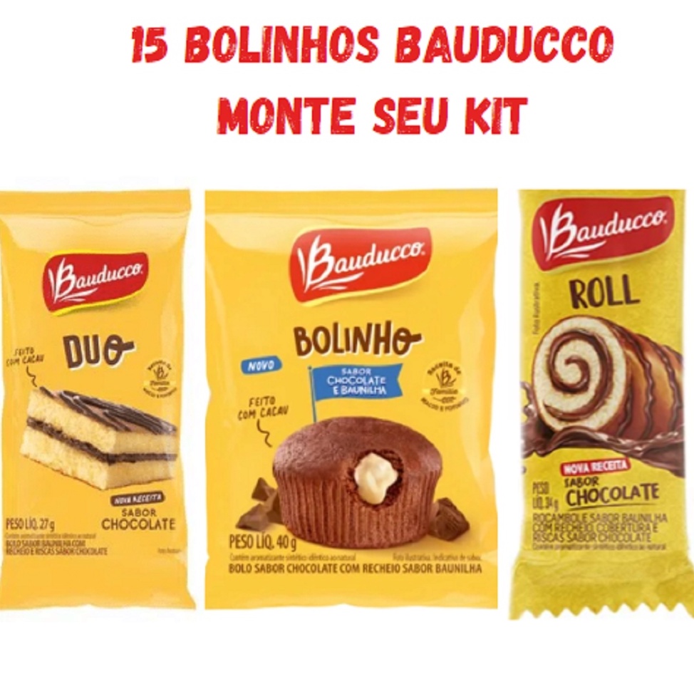 15 Bolinhos Bauducco Roll Duo - Monte seu kit Bolos de Chocolate com  Baunilha Festas, lanches Cesta de cafe da manha