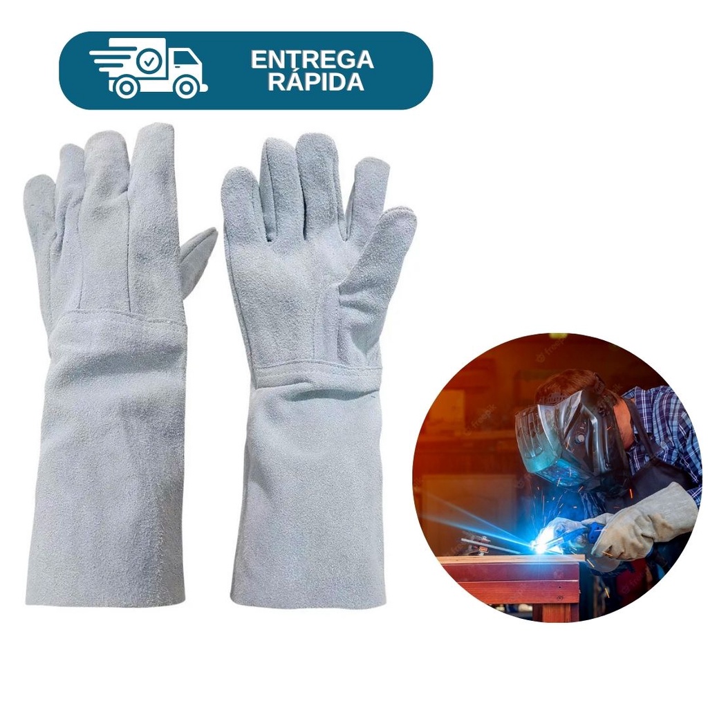 Luva Raspa Cano Longo Punho 20cm Couro Reforçada Pedreiro Soldador Top ...