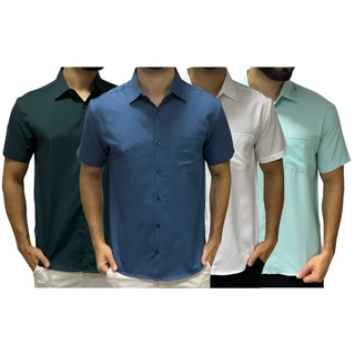 Kit 4 Camisa Masculina Social Tecido Não Amassa Camisa Social Manga Curta Com Elastano Camiseta Social Com Bolso