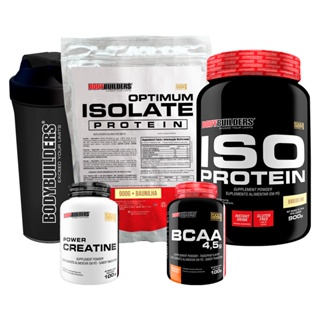 Kit Suplemento de Proteína Isolada Iso Protein 900g + Optimum Isolate Protein 900g + Power Creatina 100g + BCAA 4,5 100g + Coqueteleira - Desenvolvimento Muscular e Desempenho Atlético - Bodybuilders