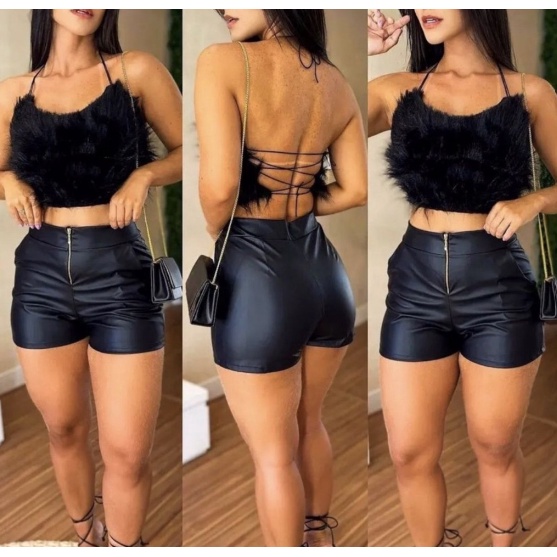 Short Feminino de Couro com Bolso