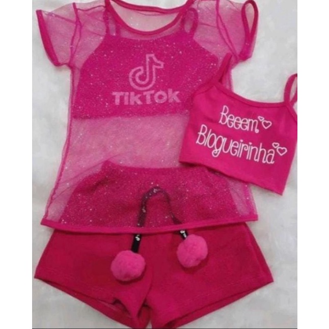 Conjunto Infantil Tik Tok Com 3 Peças Camiseta + Top + Shots Moda  Blogueirinha