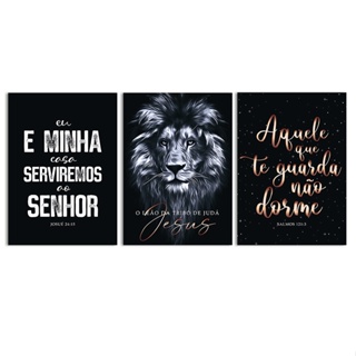 Kit 3 Placas Quadros Decorativos para Sala Quarto Leão De Judá Jesus Salmos