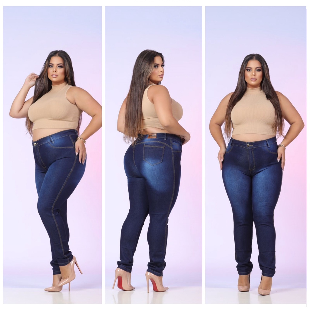 Calça Jeans Feminina Plus Size Cintura Alta Com Lycra Strech Elastano Premium efeito Empina Bumbum Promoção