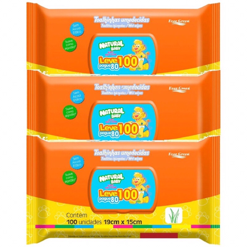 Kit 3 Pacotes Len o Umedecida Natural Baby Wipes 100 Unidades Cada