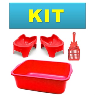 Kit Higiênico Gato Combo Caixa de Areia Bandeja Funda + 2 Comedouro - Bebedouro Alto 150ml e Pá Sanitária Envio Imediato