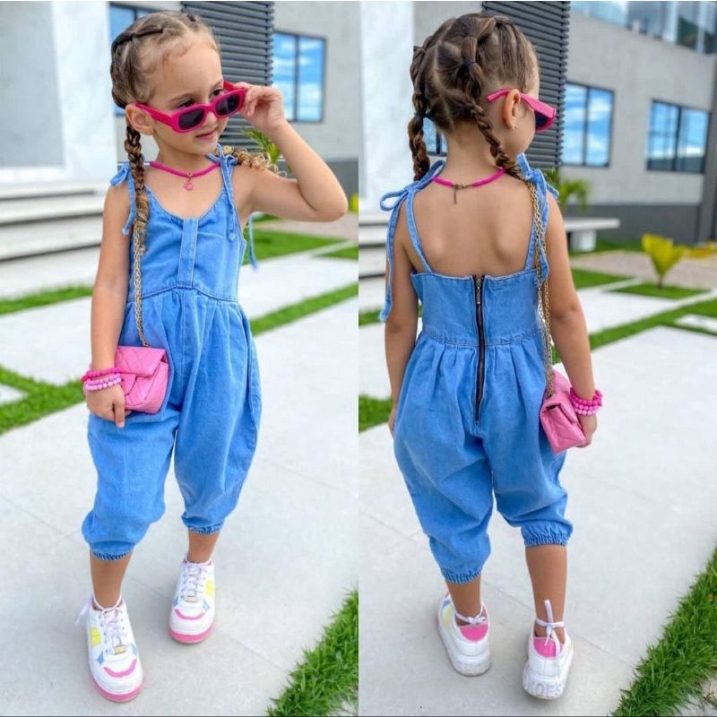 Macacão de ponto infantil, jeans Kawaii Girl, moda casual, calção