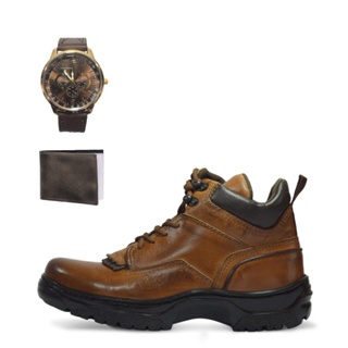 Kit Bota Tenis Country Coturno de Couro 4400 Caramelo + Relogio e Carteira