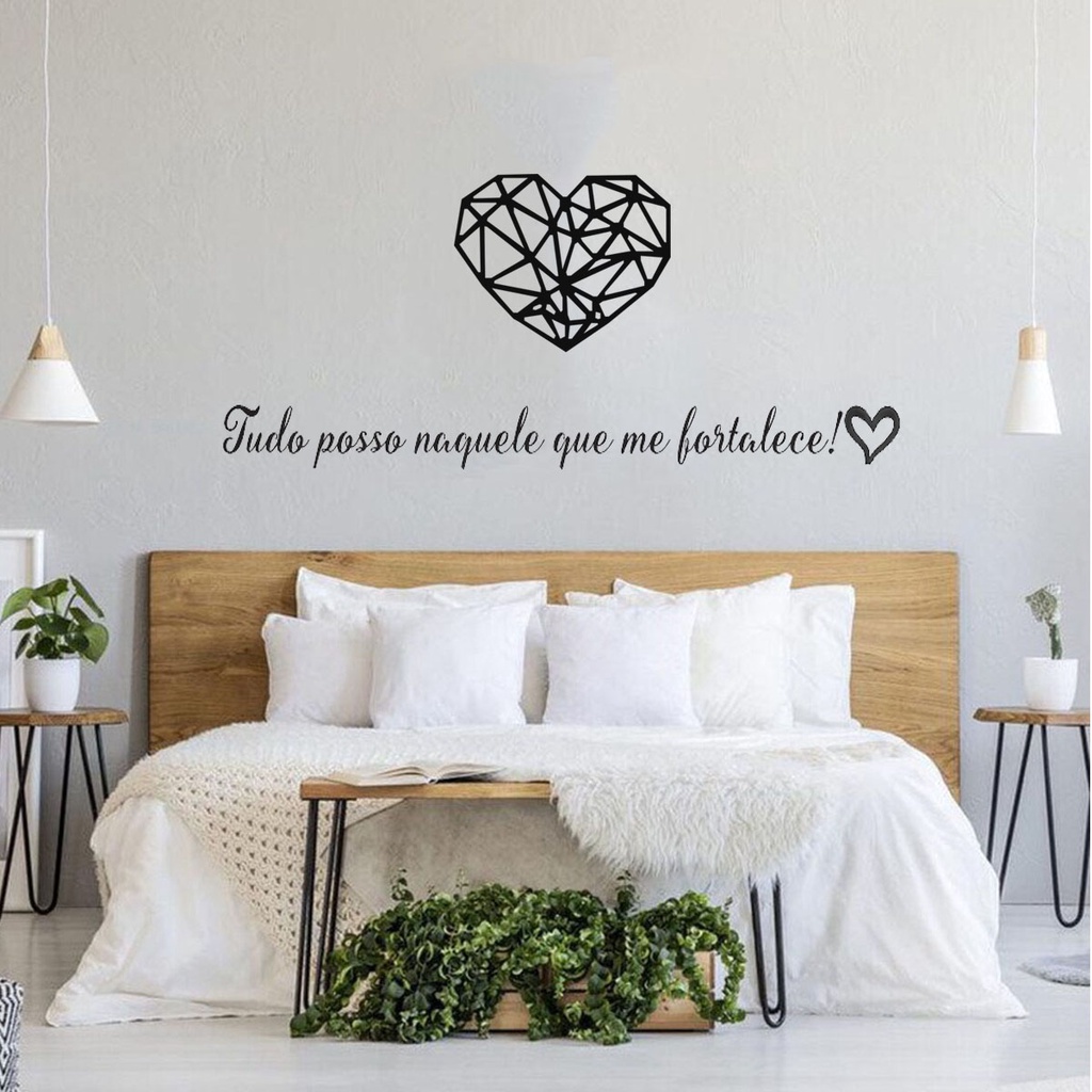 Frase de Parede Tudo posso naquele que me fortalece! + coração Geometrico Lettering MDF motivacional religioso parede
