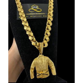 corrente cordão friso s 12mm e pingente faixa preta liga de moeda antiga banhada a ouro 18k 10 milésimos luxo