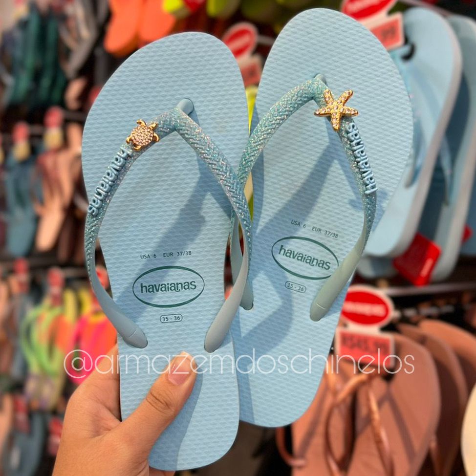 Chinelo Havaianas Slim Neon Azul + Pingente Tartaruga Estrela | Shopee ...