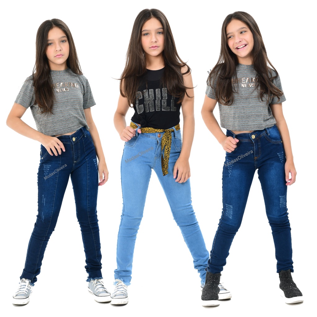 Kit com 3 calças feminina infantil juvenil princesinha tamanho 10 ao 16