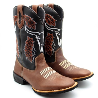 Bota Texana Masculina Country Bico Qudrado de Couro Cano Longo Marrom Original Cara de Boi Touro