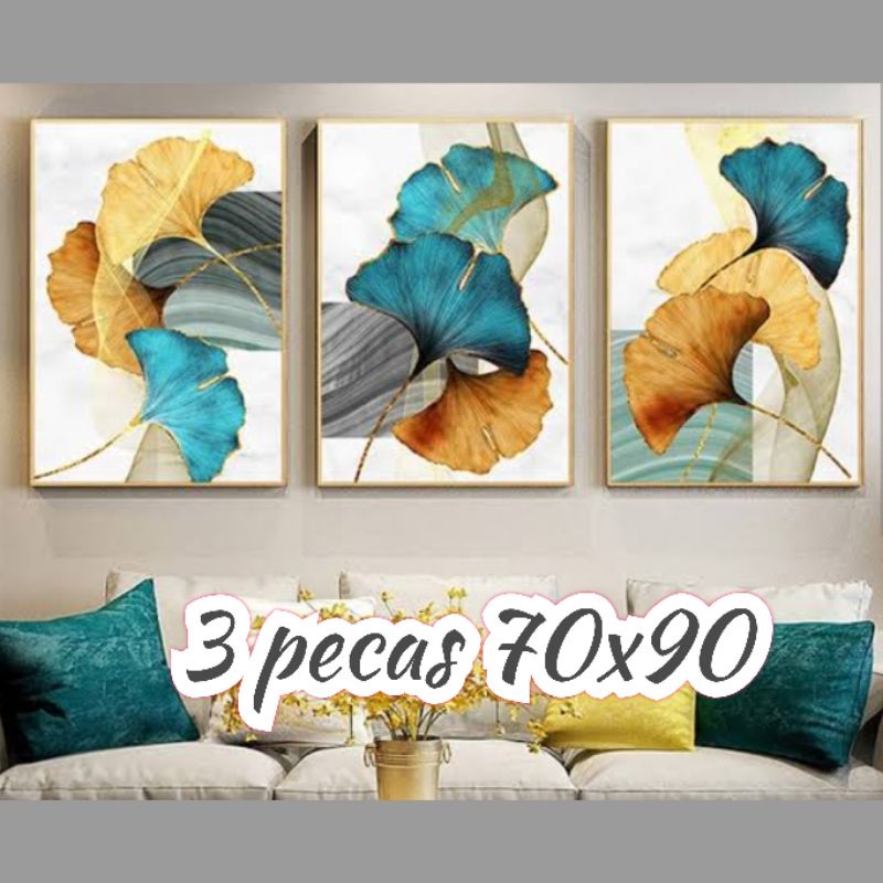 Quadro decorativo 3 peças 70x90 folhas ouro amarelo verde moderno abstrato decoração para casa sala quarto hall interiores e corredores