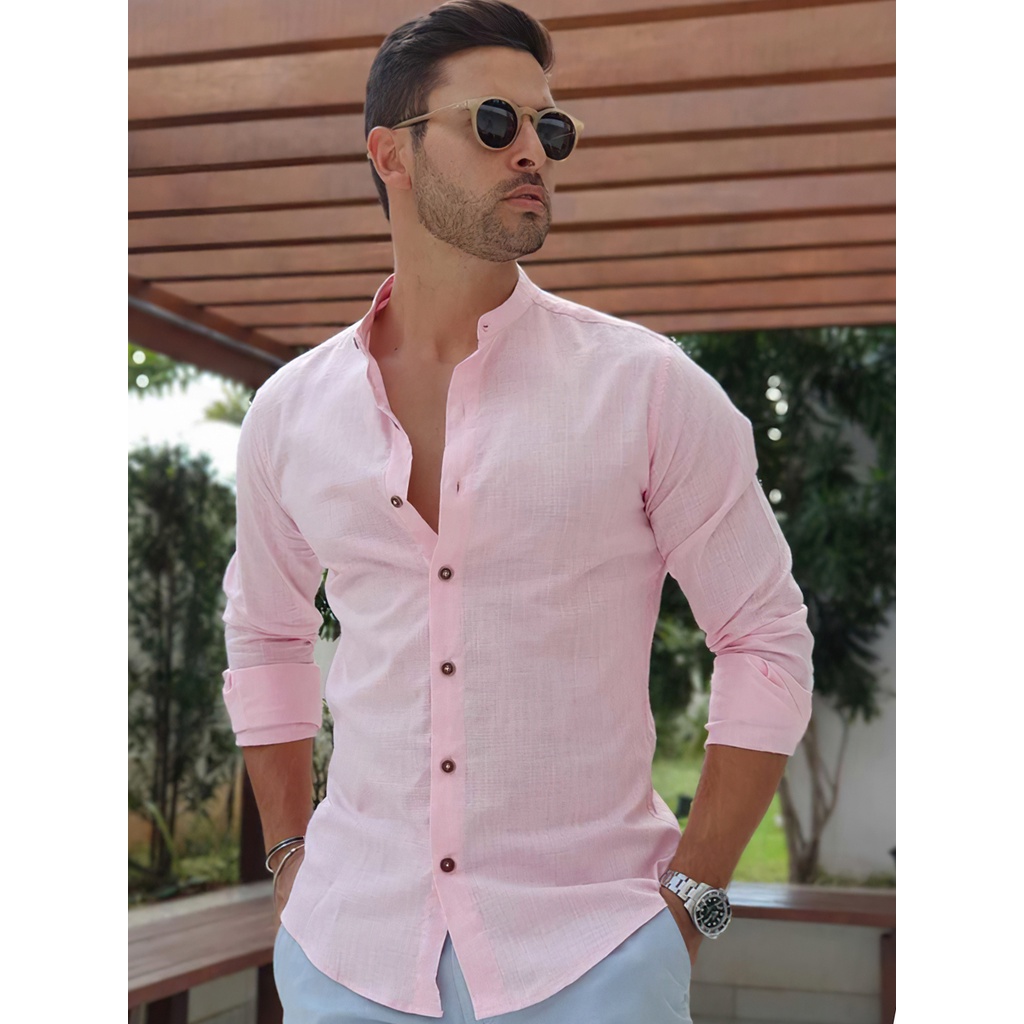 Camisa Social Gola Padre Masculina Linho Algodão Qualidade Premium