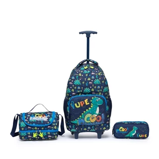 Kit Escolar Mochila De Rodinha Dinossauro Infantil + Lancheira + Estojo
