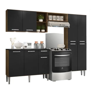 Cozinha Completa Compacta c/ 3 Leds, Armário e Balcão c/ Tampo 3 pç Pequim Multimóveis Madeirado/Pto