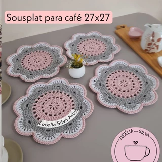 toalha para decoração Sousplat para café 1, 2 ou 4 peças 27x27 rosa,cinza e branco