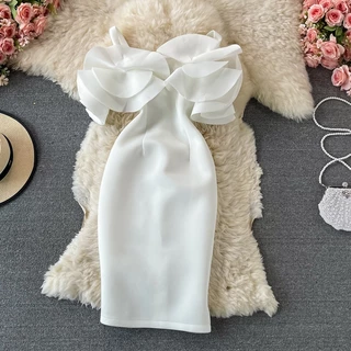 Vestido Francês Novo Feminino Elegante Festa Ruffle Sexu Off Shoulder Strapless Vestidos Femininos Midi Bodycon De Lápis
