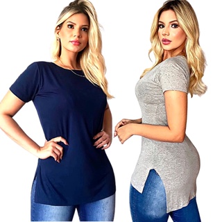 kit 2 Blusinha Feminina Long Line Academia Basica Lisa Blusa Basica Camiseta Tapa bumbum