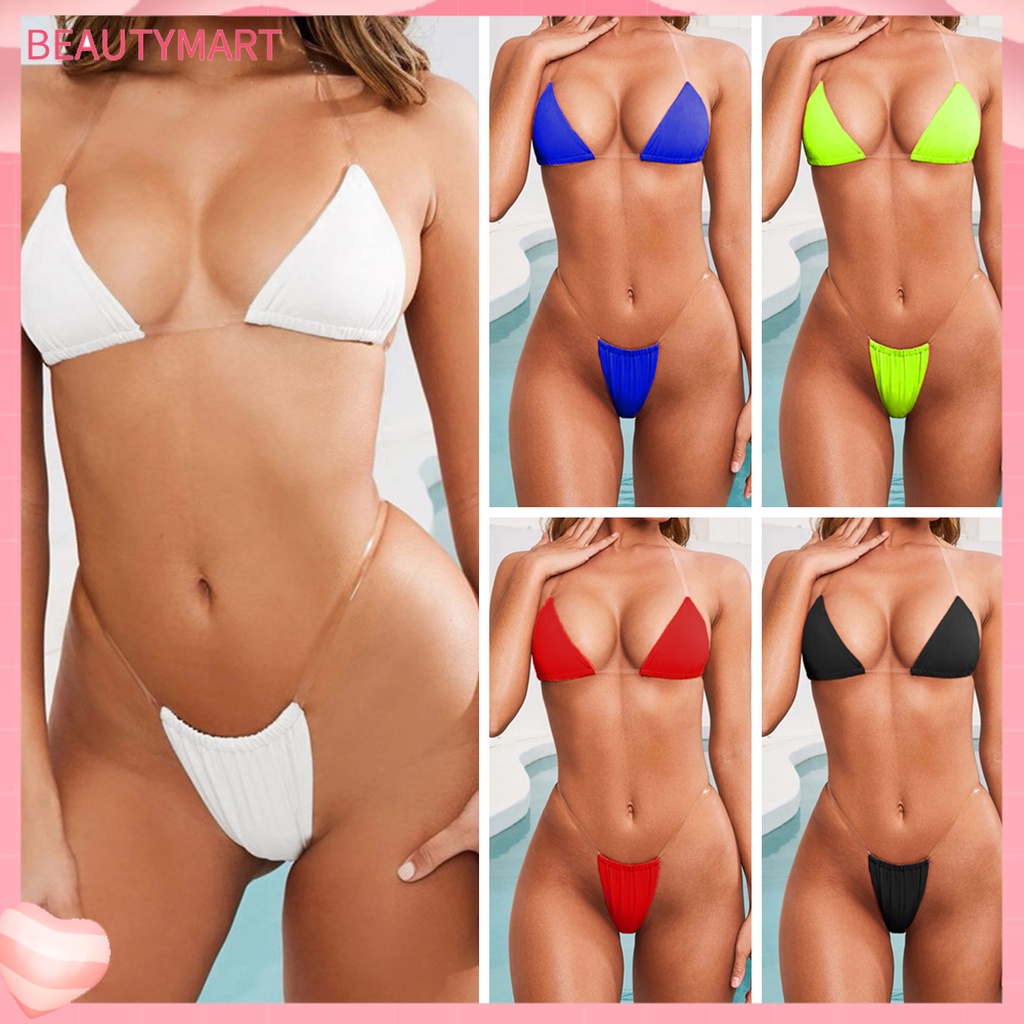 Conjunto De Biquíni Com Alça Transparente De Duas Peças Triângulo De  Cintura Alta Roupa De Banho Para Praia | Shopee Brasil